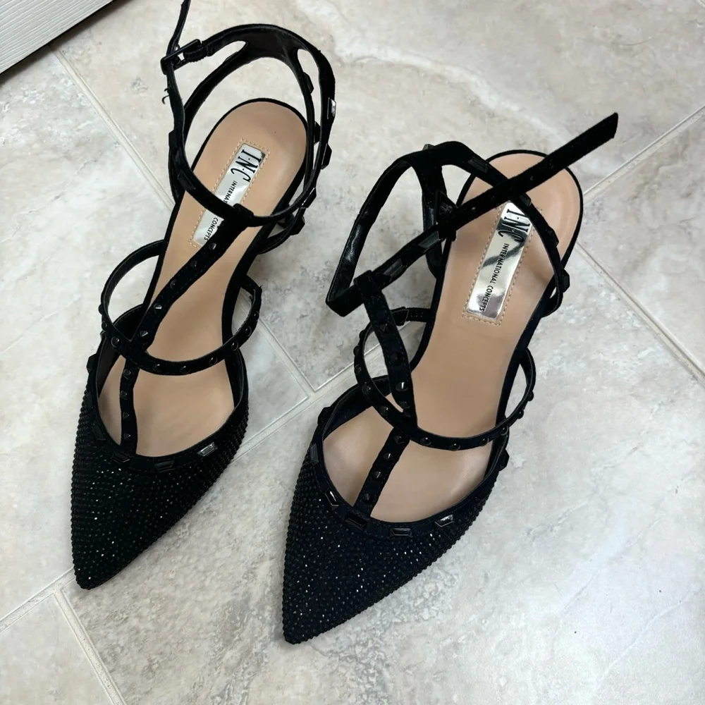 INC pointed toe black studded kitten heel pumps with ankle straps - Picture 2 of 7